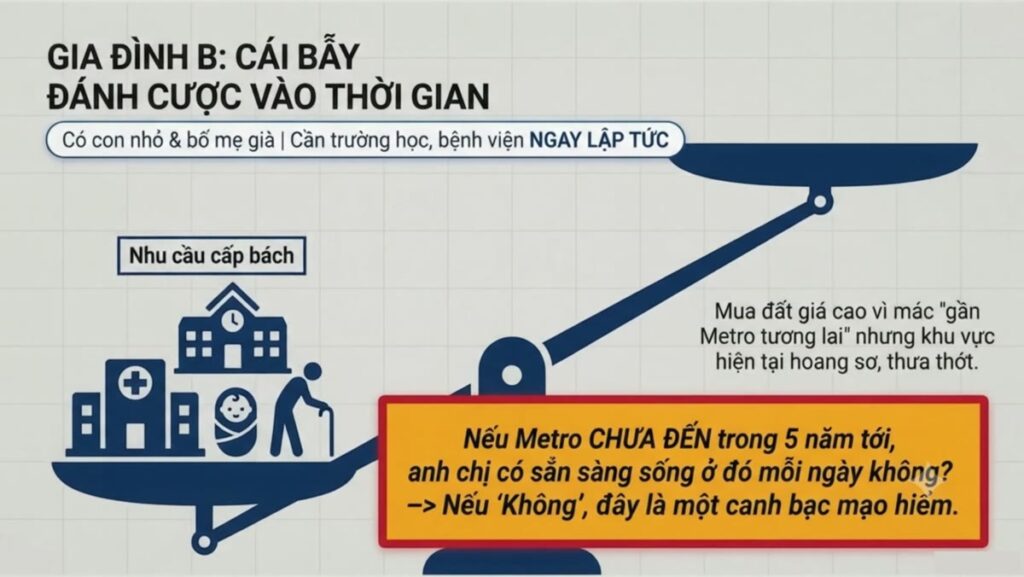 Sơ đồ cán cân: gia đình có con nhỏ và bố mẹ già đánh cược vào tiến độ metro