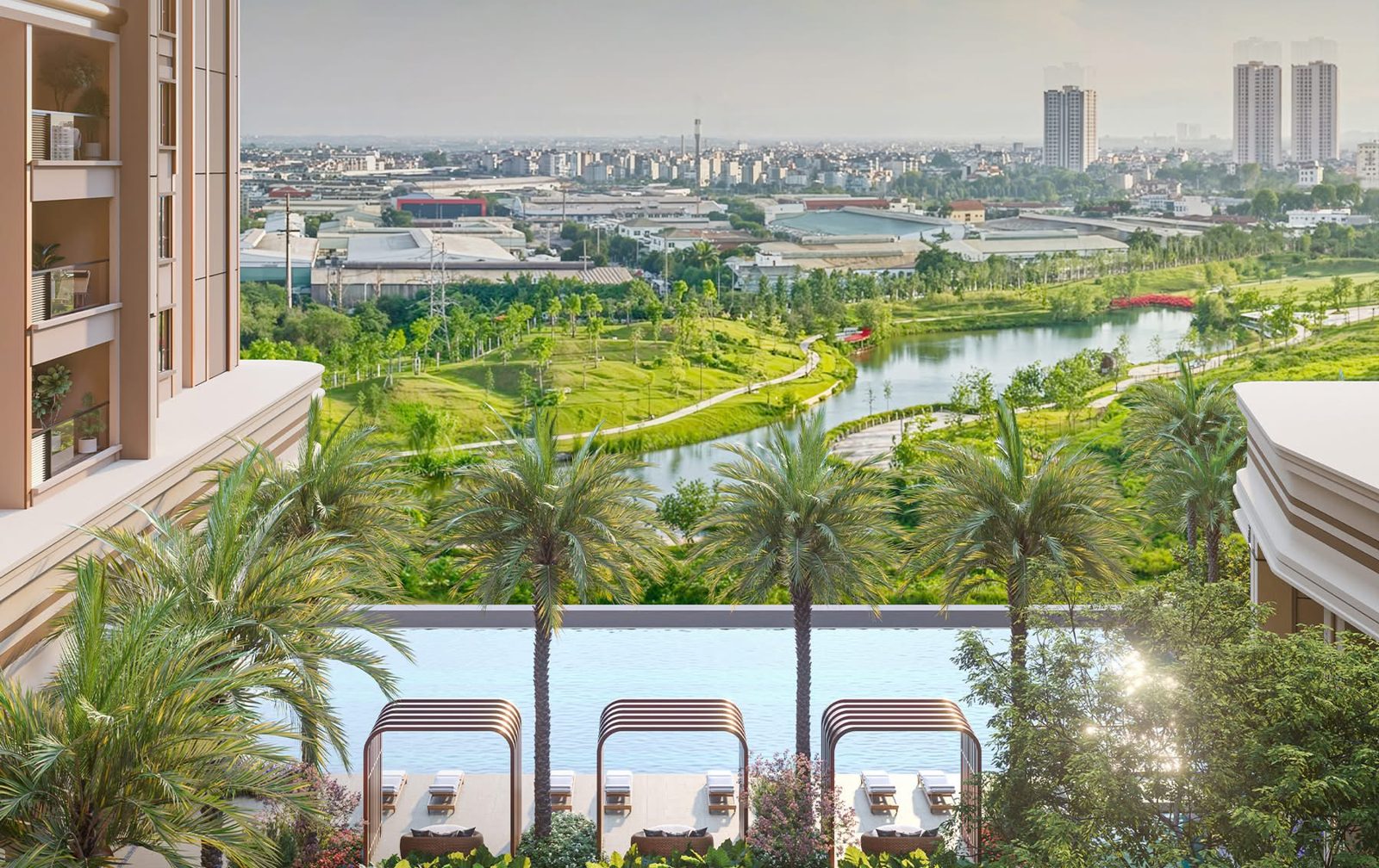 Phối cảnh khu hồ bơi Le Parc Place nhìn ra công viên trung tâm