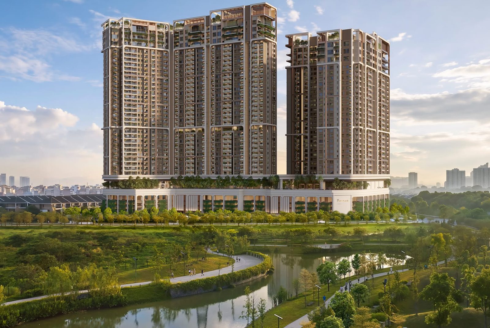 Phối cảnh bốn tòa Le Parc Place nhìn từ công viên trung tâm ParkCity Hanoi